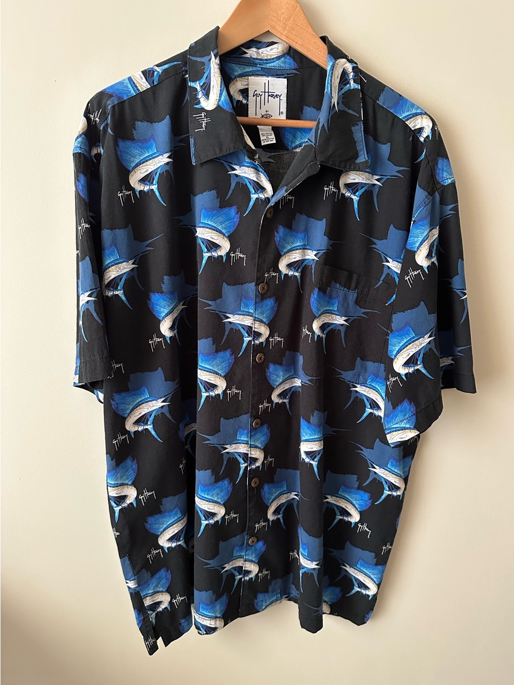 Guy Harvey Vintage Hawiian Style Button-Down Shirt with Blue Sailfish Print